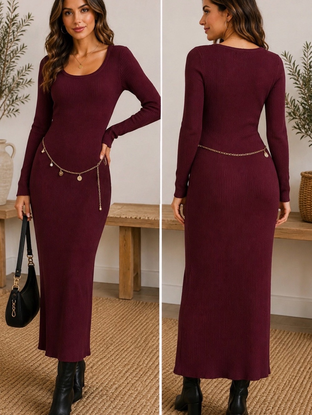 Free For All Burgundy Ribbed Chain Detail Midi Dress Size Small